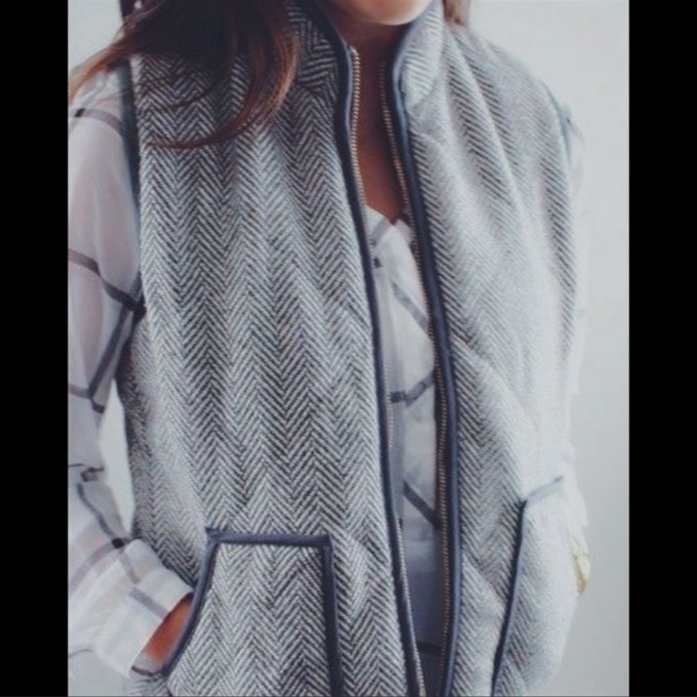 J. Crew Black and White Herringbone Quilted Down Puffer Vest